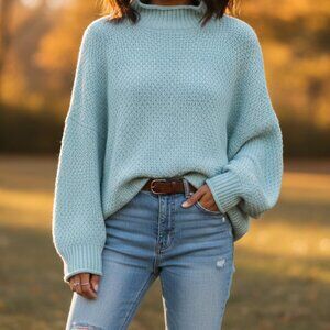 ZESICA Women’s Oversized Sweater  – Light Blue – Size XL – Batwing Sleeves